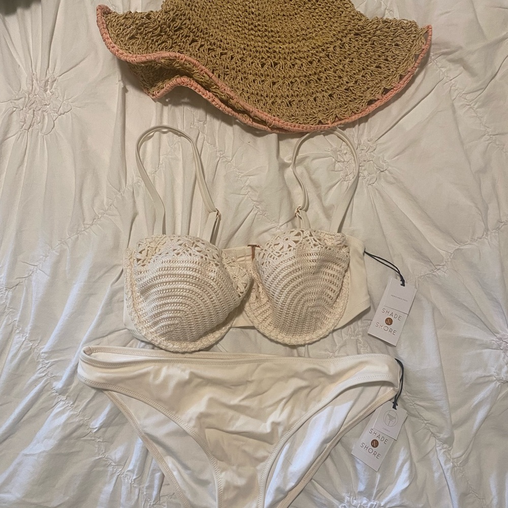 Shade & Shore Cream Crochet Bikini Set with Aerie straw floppy hat